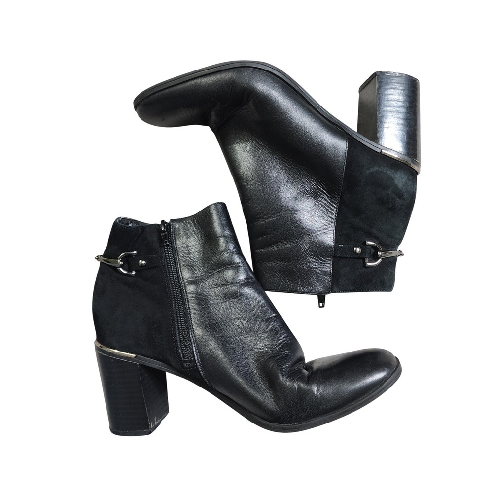 Bandolino Black Genuine Leather Suede Block Heel Ankle Boots Chunky Size 7.5M
